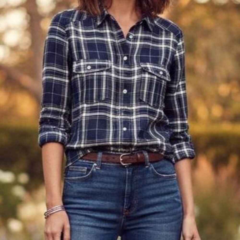 Navy Blue White Plaid PAIGE 100% Rayon Button Down Shirt Size L Large